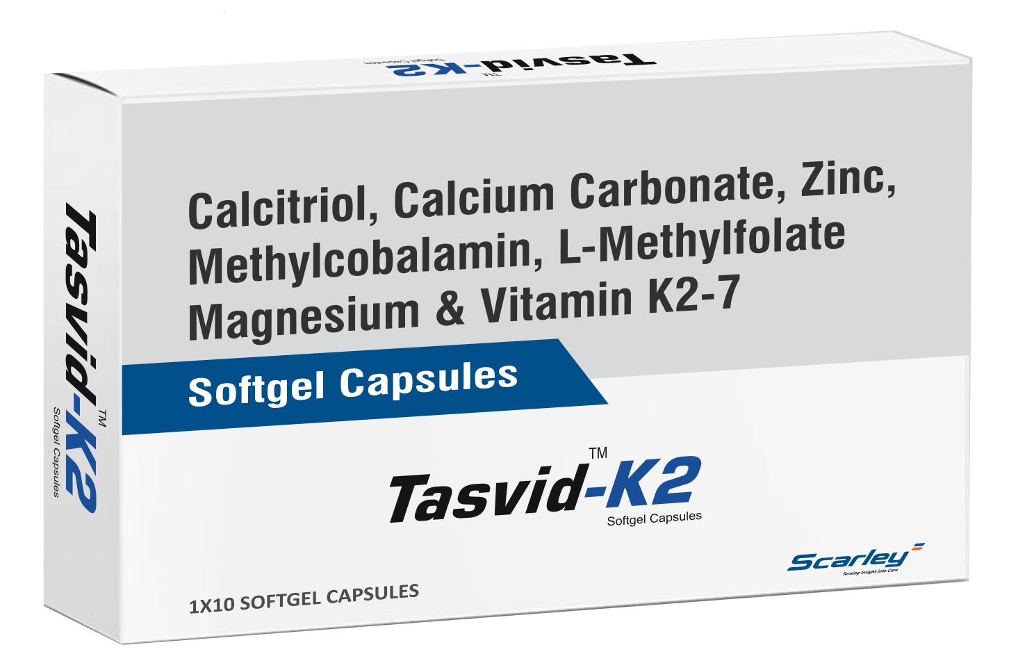 Tasvid-K2 Softgel Capsules pack — Calcitriol, Calcium Carbonate, Zinc, Methylcobalamin, L-Methylfolate, Magnesium and Vitamin K2-7 Softgel Capsules.