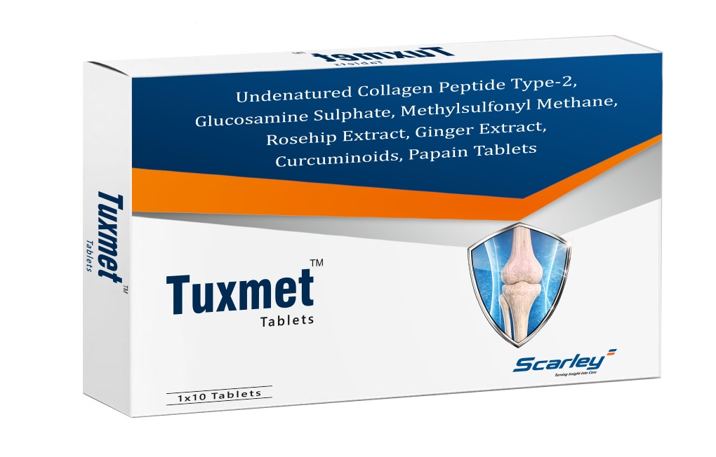Tuxmet Tablets pack — Undenatured Collagen Peptide Type-II, Glucosamine Sulphate, Methylsulfonyl Methane, Rosehip Extract, Ginger Extract, Curcuminoids and Papain Tablets.